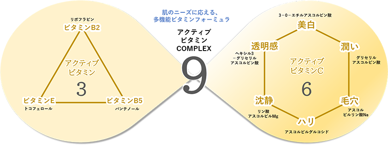 「肌のニーズに応える、多機能ビタミンフォーミュラ」【アクティブビタミン】リボフラビン（ビタミンB2）、トコフェロール（ビタミンE）、パンテノール（ビタミンB5）、【アクティブビタミンC】３―０―エチルアスコルビン酸（美白）、グリセリルアスコルビン酸（潤い）、アスコルビルリン酸Na（毛穴）、アスコルビルグルコシド（ハリ）、リン酸・アスコルビン酸Mg（沈静）、ヘキシル３―グリセリルアスコルビン酸（透明感）